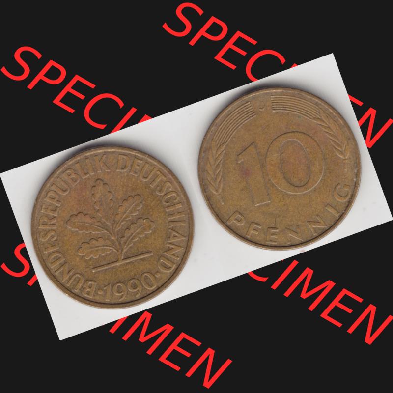 BRD Münze aus Deutschland 1950-2001, 10 Pfennig / 10 Pf. 1990 J - Vollansicht I. als Bildmaterial innerhalb vom online Katalog und online Datenbank für Münzen der... Sammlung