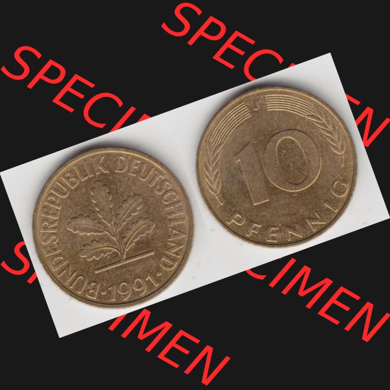 BRD Münze aus Deutschland 1950-2001, 10 Pfennig / 10 Pf. 1991 J - Vollansicht I. als Bildmaterial innerhalb vom online Katalog und online Datenbank für Münzen der... Sammlung