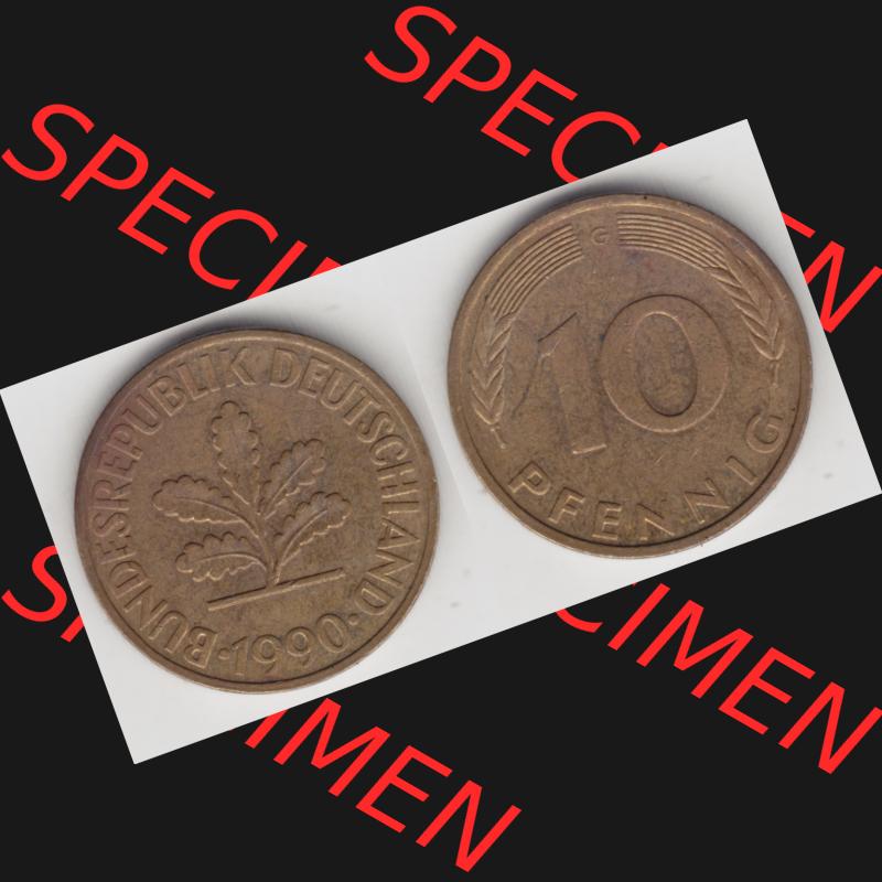 BRD Münze aus Deutschland 1950-2001, 10 Pfennig / 10 Pf. 1990 G - Vollansicht I. als Bildmaterial innerhalb vom online Katalog und online Datenbank für Münzen der... Sammlung