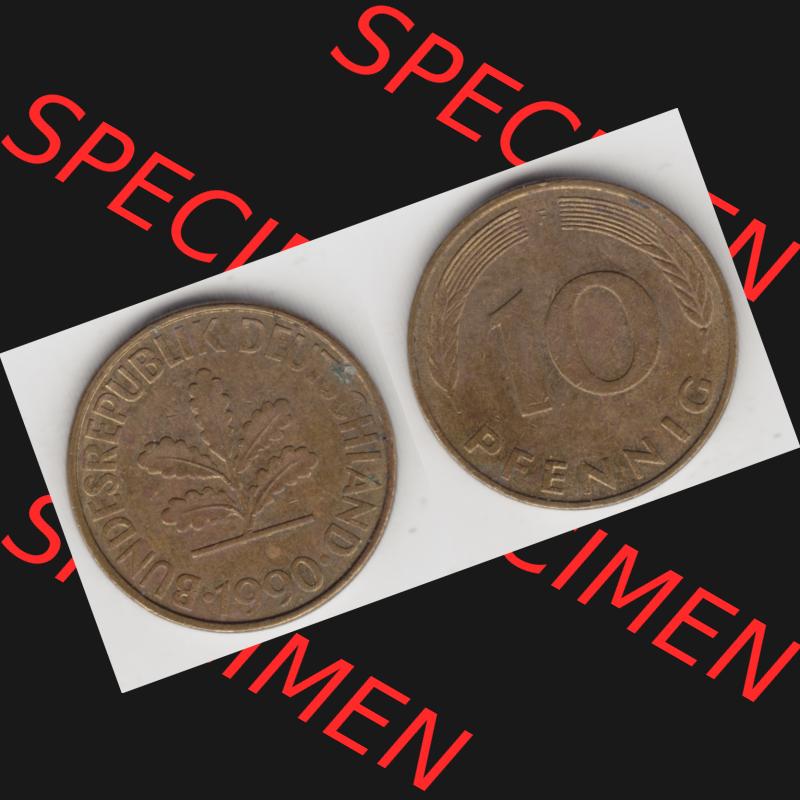 BRD Münze aus Deutschland 1950-2001, 10 Pfennig / 10 Pf. 1990 F - Vollansicht I. als Bildmaterial innerhalb vom online Katalog und online Datenbank für Münzen der... Sammlung