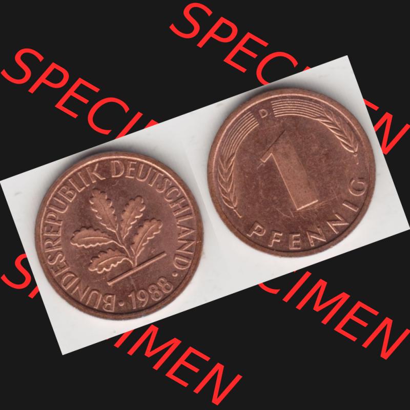 BRD Münze aus Deutschland 1950-2001, 1 Pfennig / 1 Pf. 1988 D - Vollansicht I.. Bild der Vorderseite und Rückseite einer 1 Pfennig Münze der Bundesrepublik... Sammlung