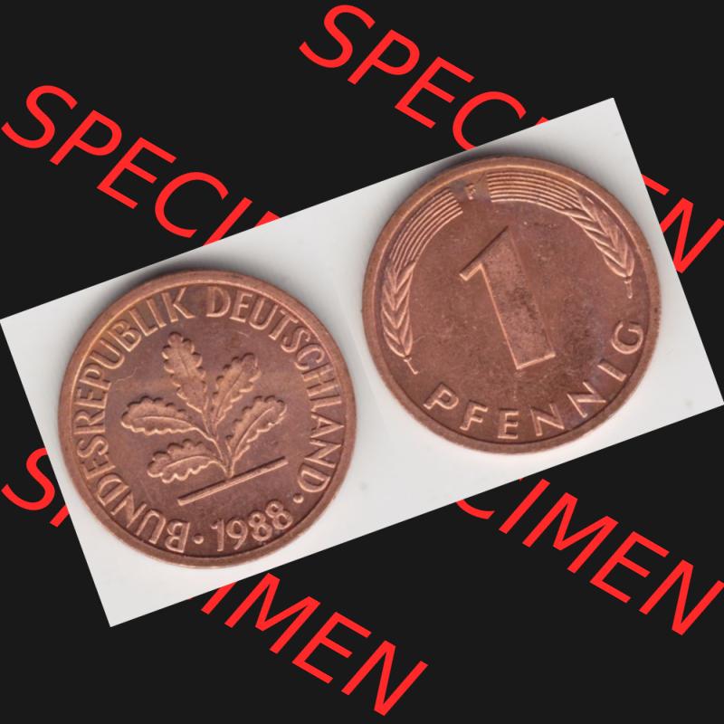 BRD Münze aus Deutschland 1950-2001, 1 Pfennig / 1 Pf. 1988 F - Vollansicht I.. Bild der Vorderseite und Rückseite einer 1 Pfennig Münze der Bundesrepublik... Sammlung