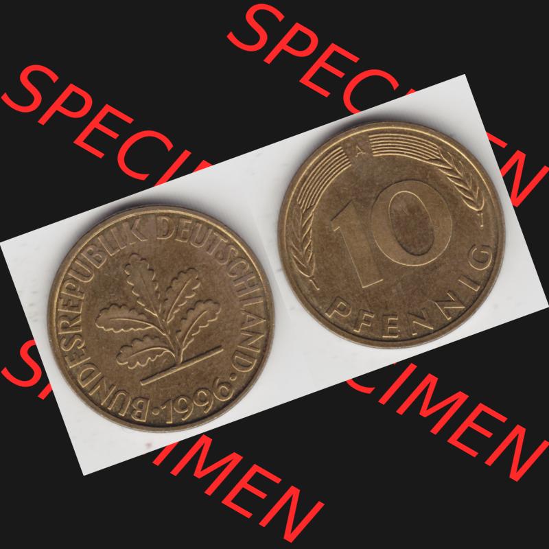 BRD Münze aus Deutschland 1990-2001, 10 Pfennig / 10 Pf. 1996 A - Vollansicht I. als Bildmaterial innerhalb vom online Katalog und online Datenbank für Münzen der... Sammlung
