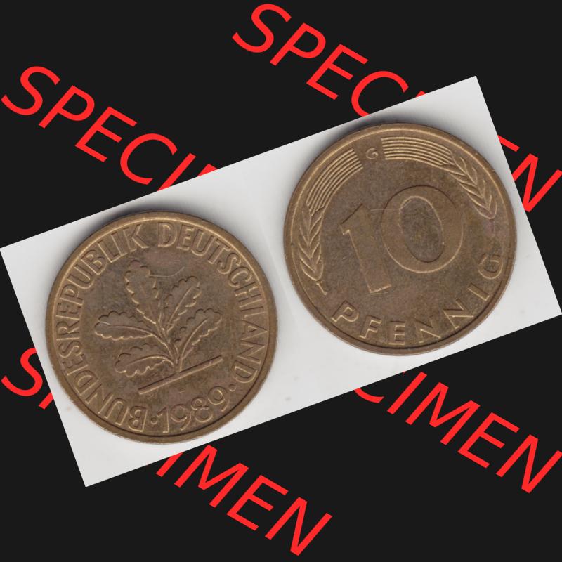 BRD Münze aus Deutschland 1950-2001, 10 Pfennig / 10 Pf. 1989 G - Vollansicht I. als Bildmaterial innerhalb vom online Katalog und online Datenbank für Münzen der... Sammlung