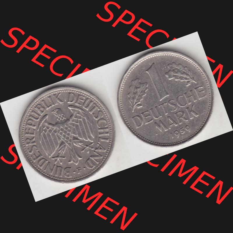 BRD Münze aus Deutschland 1950-2001, 1 Deutsche Mark / 1 DM 1959 F - Vollansicht I. als Bildmaterial innerhalb vom online Katalog und online Datenbank für Münzen der BRD... Sammlung