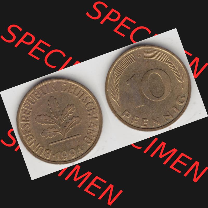 BRD Münze aus Deutschland 1950-2001, 10 Pfennig / 10 Pf. 1994 G - Vollansicht I. als Bildmaterial innerhalb vom online Katalog und online Datenbank für Münzen der... Sammlung