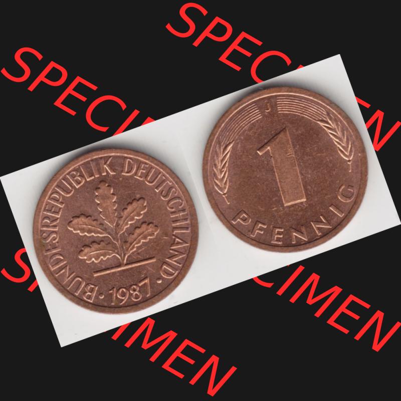 BRD Münze aus Deutschland 1950-2001, 1 Pfennig / 1 Pf. 1987 J - Vollansicht I.. Bild der Vorderseite und Rückseite einer 1 Pfennig Münze der Bundesrepublik... Sammlung