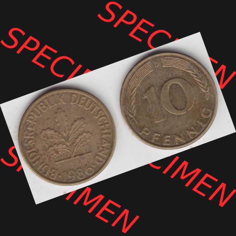 BRD Münze aus Deutschland 1950-2001, 10 Pfennig / 10 Pf. 1986 D - Vollansicht I. als Bildmaterial innerhalb vom online Katalog und online Datenbank für Münzen der... Sammlung