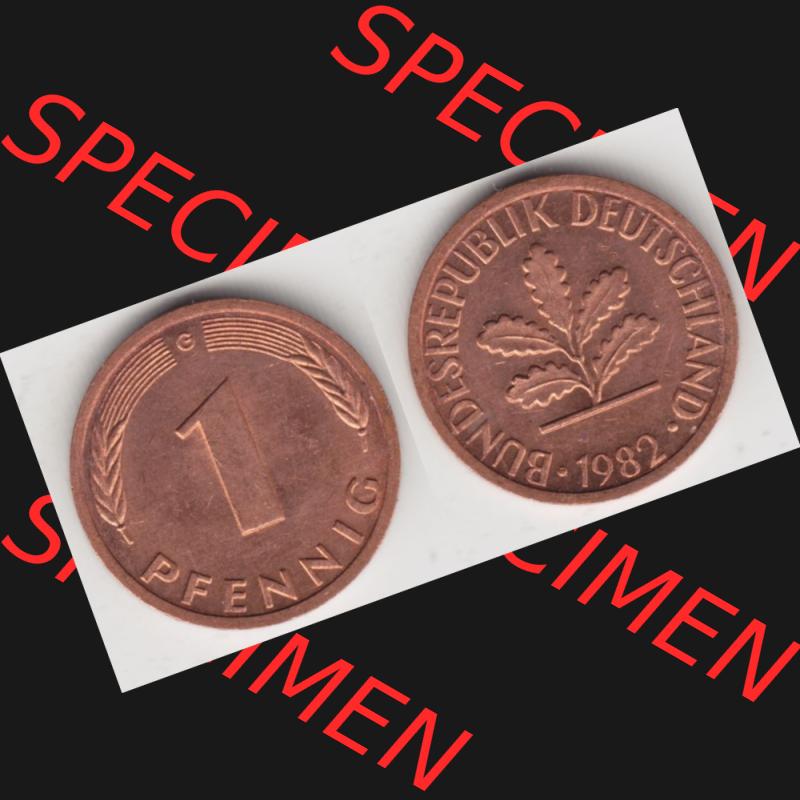 BRD Münze aus Deutschland 1950-2001, 1 Pfennig / 1 Pf. 1982 G - Vollansicht II.. Bild der Vorderseite und Rückseite einer 1 Pfennig Münze der Bundesrepublik... Sammlung