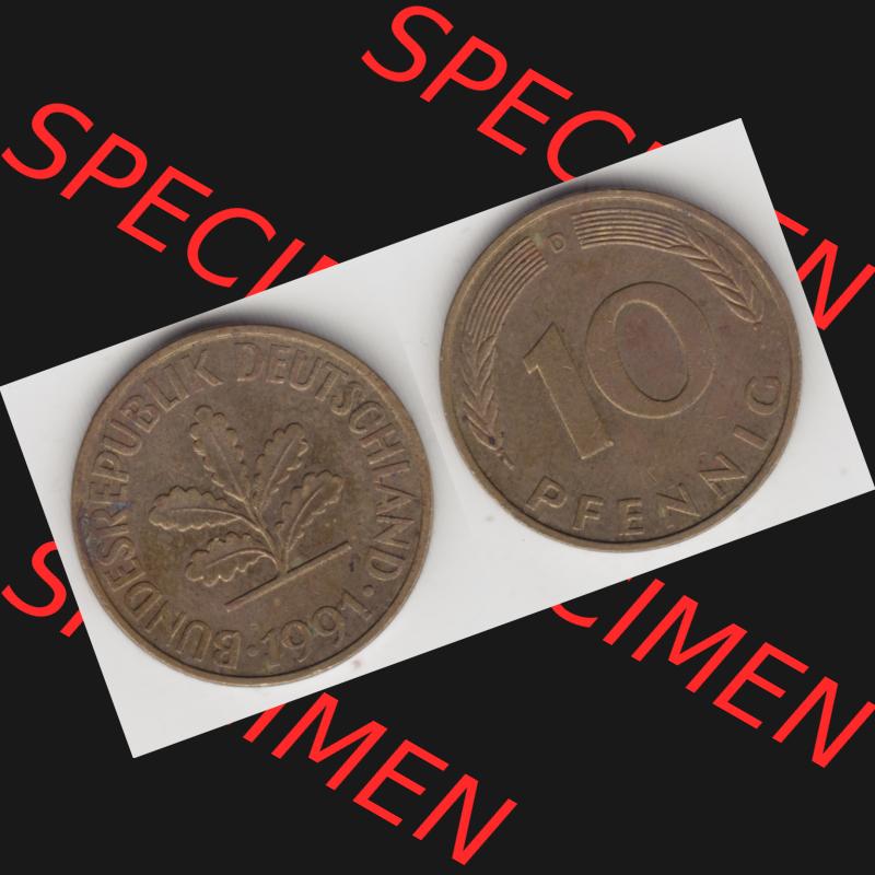 BRD Münze aus Deutschland 1950-2001, 10 Pfennig / 10 Pf. 1991 D - Vollansicht I. als Bildmaterial innerhalb vom online Katalog und online Datenbank für Münzen der... Sammlung