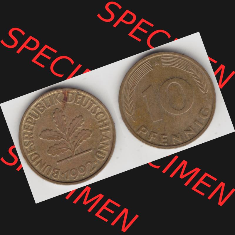 BRD Münze aus Deutschland 1990-2001, 10 Pfennig / 10 Pf. 1992 A - Vollansicht I. als Bildmaterial innerhalb vom online Katalog und online Datenbank für Münzen der... Sammlung