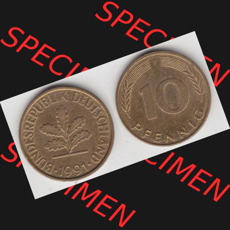 BRD Münze aus Deutschland 1950-2001, 10 Pfennig / 10 Pf. 1991 F - Vollansicht I. als Bildmaterial innerhalb vom online Katalog und online Datenbank für Münzen der... Sammlung
