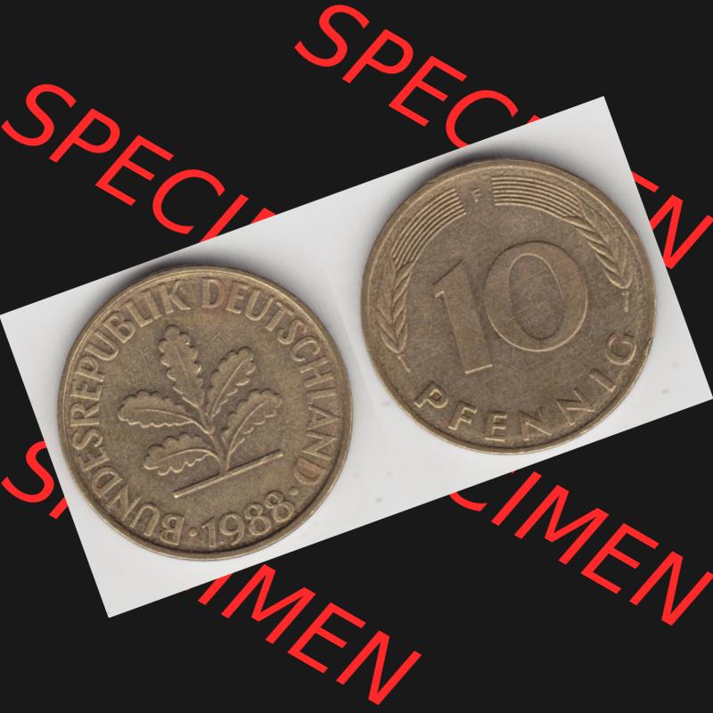 BRD Münze aus Deutschland 1950-2001, 10 Pfennig / 10 Pf. 1988 F - Vollansicht I. als Bildmaterial innerhalb vom online Katalog und online Datenbank für Münzen der... Sammlung