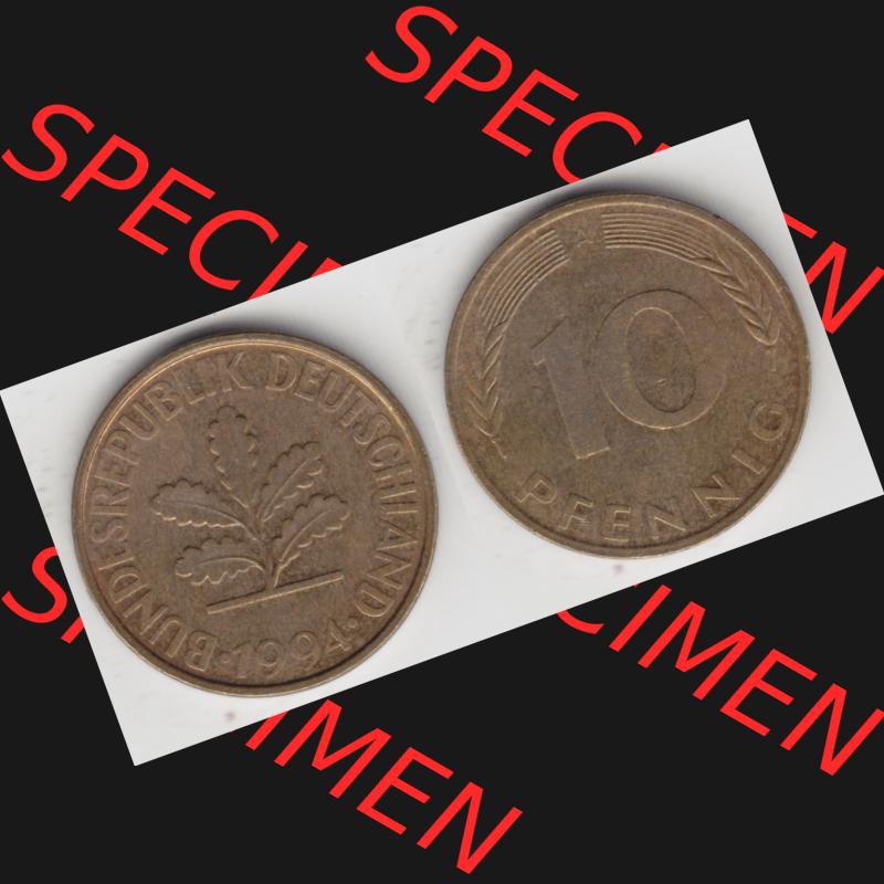 BRD Münze aus Deutschland 1990-2001, 10 Pfennig / 10 Pf. 1994 A - Vollansicht I. als Bildmaterial innerhalb vom online Katalog und online Datenbank für Münzen der... Sammlung