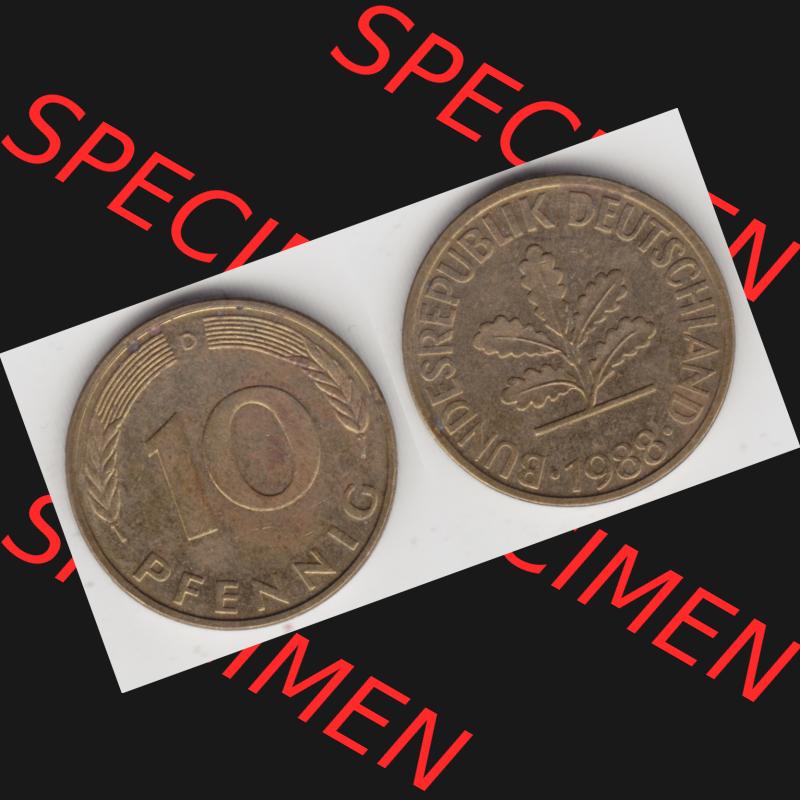 BRD Münze aus Deutschland 1950-2001, 10 Pfennig / 10 Pf. 1988 D - Vollansicht II. als Bildmaterial innerhalb vom online Katalog und online Datenbank für Münzen der... Sammlung