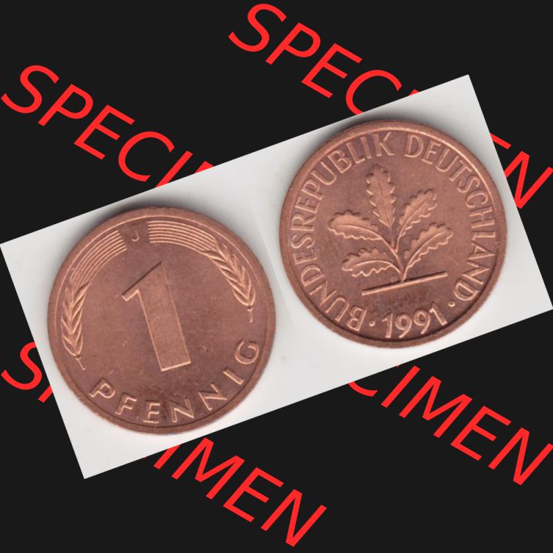 BRD Münze aus Deutschland 1950-2001, 1 Pfennig / 1 Pf. 1991 J - Vollansicht II.. Bild der Vorderseite und Rückseite einer 1 Pfennig Münze der Bundesrepublik... Sammlung