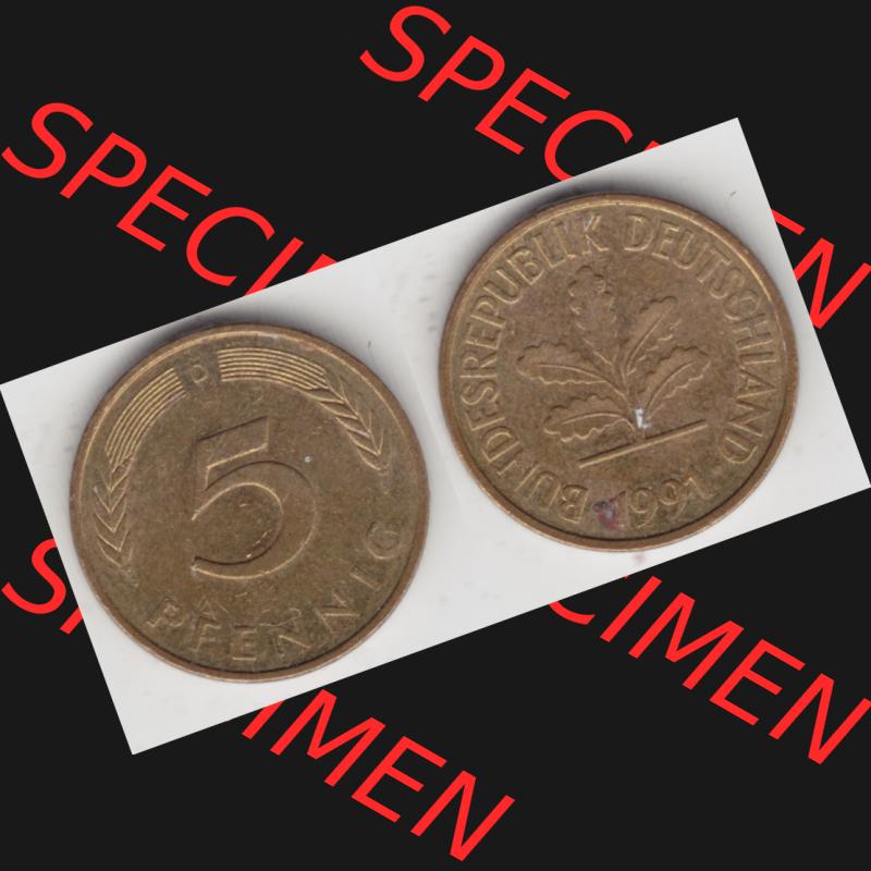 BRD Münze aus Deutschland 1950-2001, 5 Pfennig / 5 Pf. 1991 D - Vollansicht IV. als Bildmaterial innerhalb vom online Katalog und online Datenbank für Münzen der... Sammlung