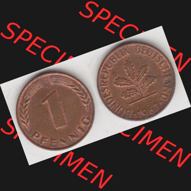BRD Münze aus Deutschland 1950-2001, 1 Pfennig / 1 Pf. 1967 G - Vollansicht II.. Bild der Vorderseite und Rückseite einer 1 Pfennig Münze der Bundesrepublik... Sammlung