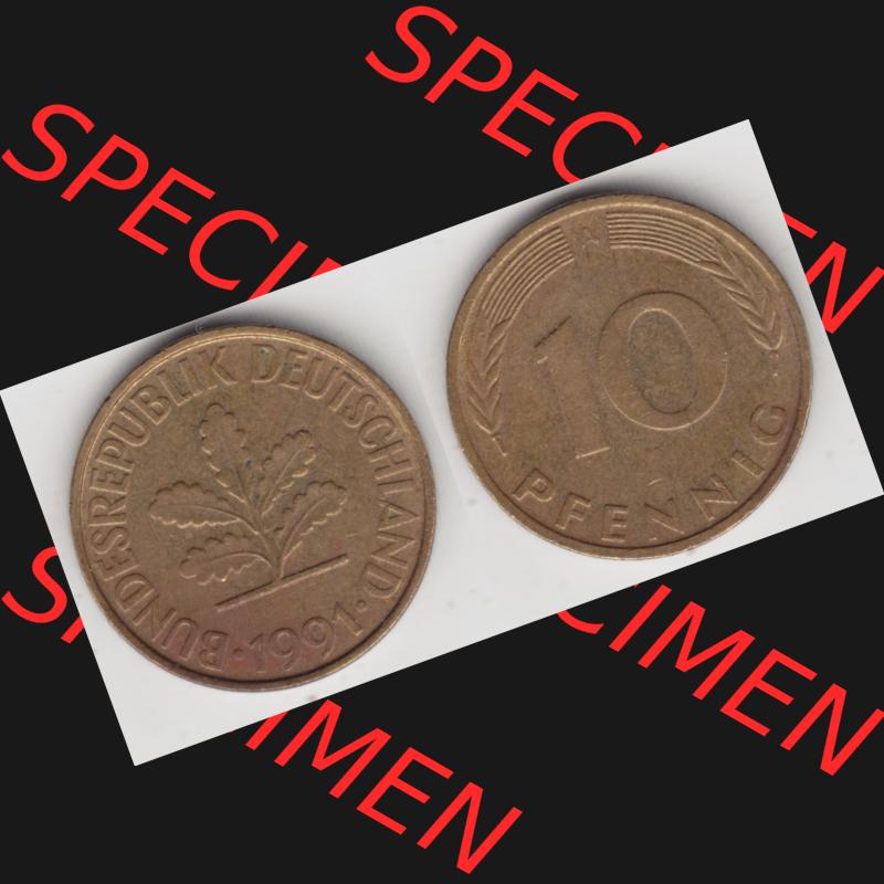 BRD Münze aus Deutschland 1990-2001, 10 Pfennig / 10 Pf. 1991 A - Vollansicht I. als Bildmaterial innerhalb vom online Katalog und online Datenbank für Münzen der... Sammlung