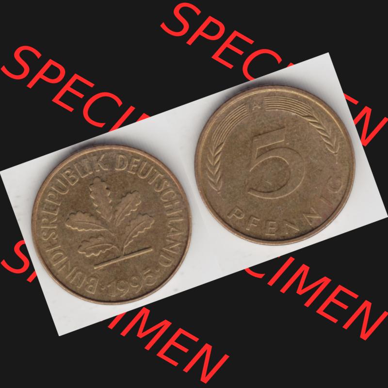 BRD Münze aus Deutschland 1950-2001, 5 Pfennig / 5 Pf. 1995 A - Vollansicht I. als Bildmaterial innerhalb vom online Katalog und online Datenbank für Münzen der BRD... Sammlung