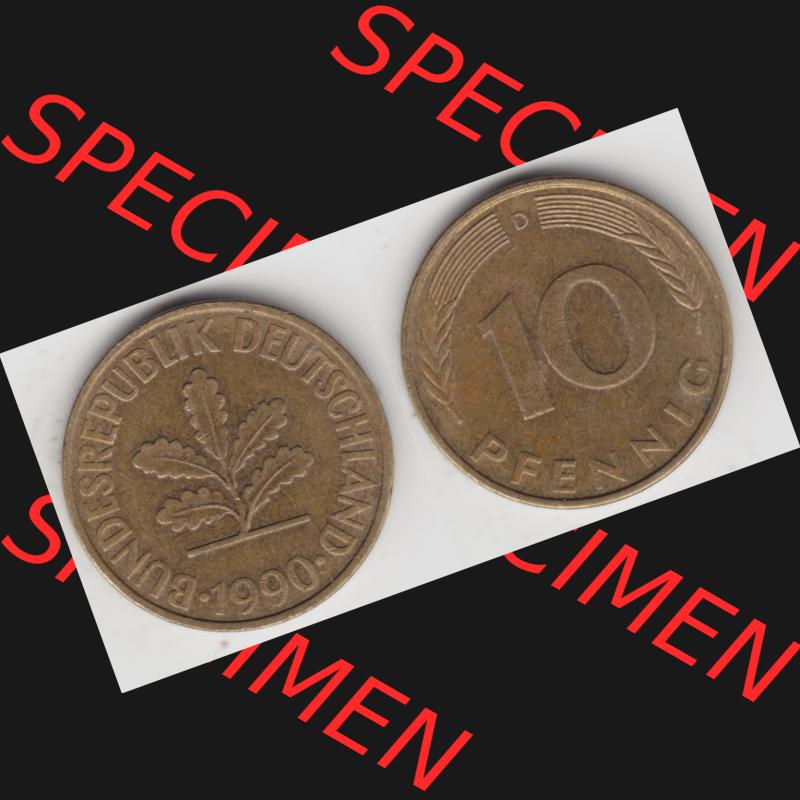 BRD Münze aus Deutschland 1950-2001, 10 Pfennig / 10 Pf. 1990 D - Vollansicht I. als Bildmaterial innerhalb vom online Katalog und online Datenbank für Münzen der... Sammlung