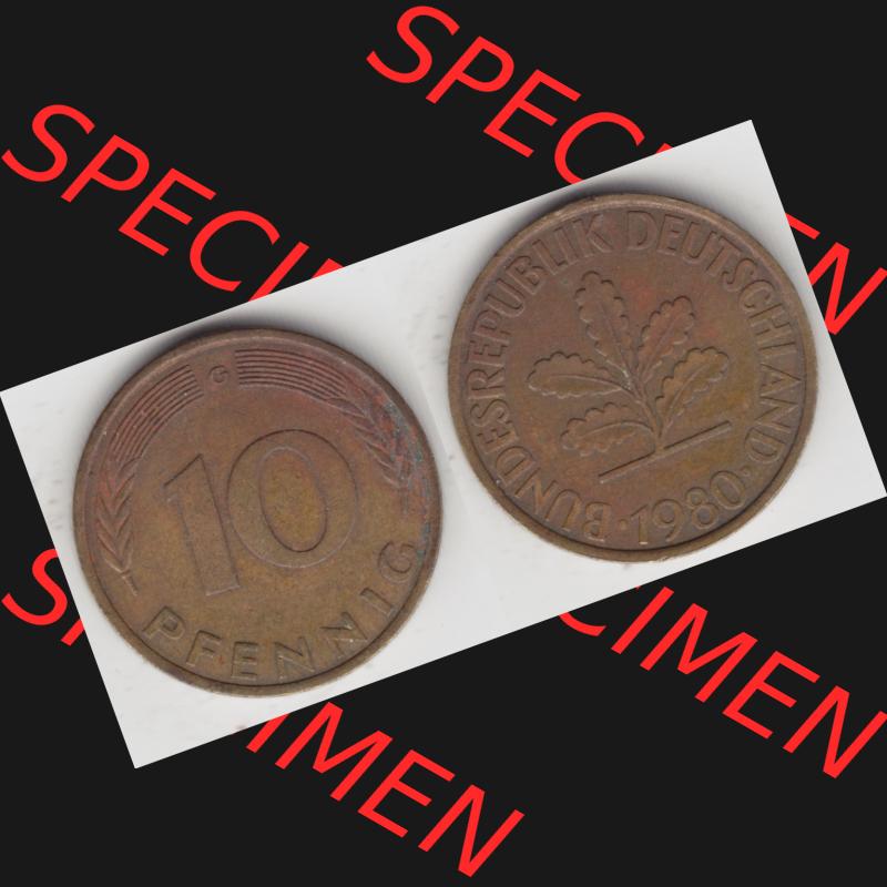 BRD Münze aus Deutschland 1950-2001, 10 Pfennig / 10 Pf. 1980 G - Vollansicht II. als Bildmaterial innerhalb vom online Katalog und online Datenbank für Münzen der... Sammlung