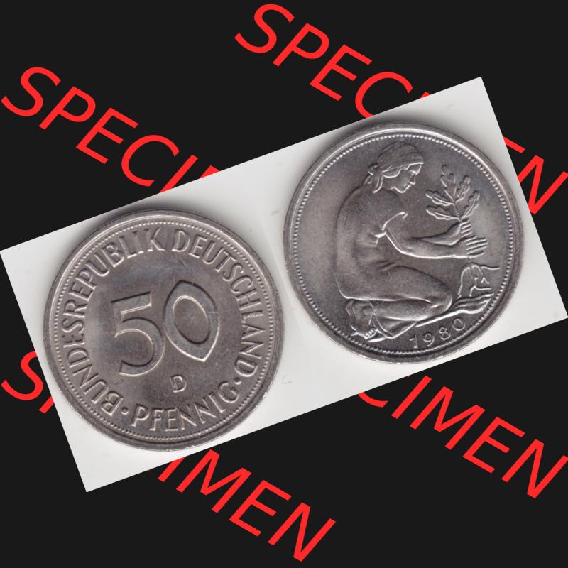 BRD Münze aus Deutschland 1950-2001, 50 Pfennig / 50 Pf. 1980 D - Vollansicht I. als Bildmaterial innerhalb vom online Katalog und online Datenbank für Münzen der... Sammlung
