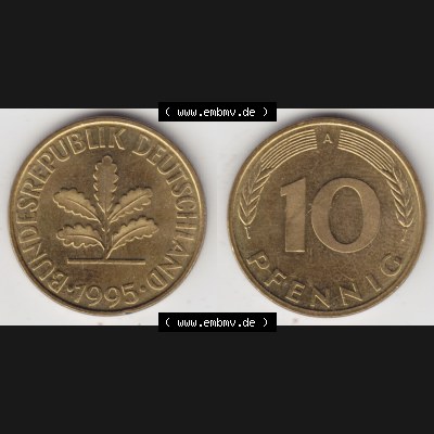 BRD Münze aus Deutschland 1990-2001, 10 Pfennig / 10 Pf. 1995 A - Vollansicht I. als Bildmaterial innerhalb vom online Katalog und online Datenbank für Münzen der... Sammlung