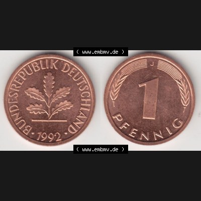 BRD Münze aus Deutschland 1950-2001, 1 Pfennig / 1 Pf. 1992 J - Vollansicht I.. Bild der Vorderseite und Rückseite einer 1 Pfennig Münze der Bundesrepublik... Sammlung