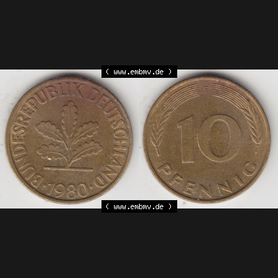 BRD Münze aus Deutschland 1950-2001, 10 Pfennig / 10 Pf. 1980 F - Vollansicht I. als Bildmaterial innerhalb vom online Katalog und online Datenbank für Münzen der... Sammlung