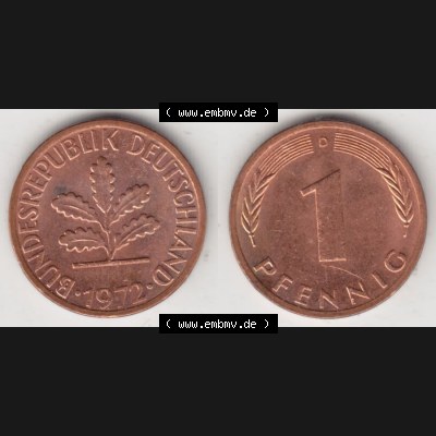 BRD Münze aus Deutschland 1950-2001, 1 Pfennig / 1 Pf. 1972 D - Vollansicht I.. Bild der Vorderseite und Rückseite einer 1 Pfennig Münze der Bundesrepublik... Sammlung