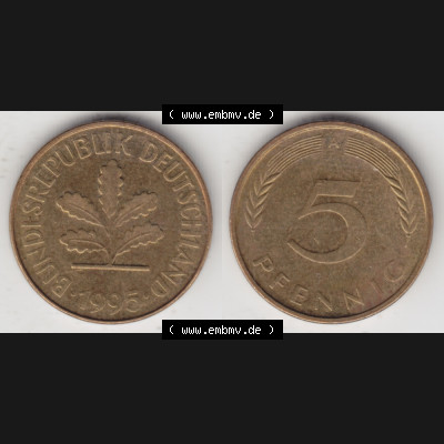 BRD Münze aus Deutschland 1950-2001, 5 Pfennig / 5 Pf. 1995 A - Vollansicht I. als Bildmaterial innerhalb vom online Katalog und online Datenbank für Münzen der BRD... Sammlung