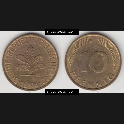 BRD Münze aus Deutschland 1950-2001, 10 Pfennig / 10 Pf. 1994 G - Vollansicht I. als Bildmaterial innerhalb vom online Katalog und online Datenbank für Münzen der... Sammlung