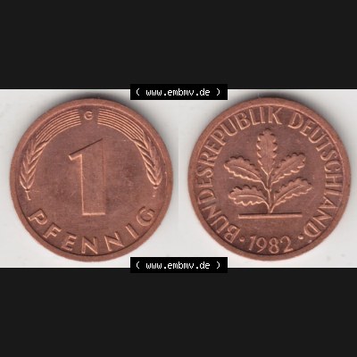 BRD Münze aus Deutschland 1950-2001, 1 Pfennig / 1 Pf. 1982 G - Vollansicht II.. Bild der Vorderseite und Rückseite einer 1 Pfennig Münze der Bundesrepublik... Sammlung