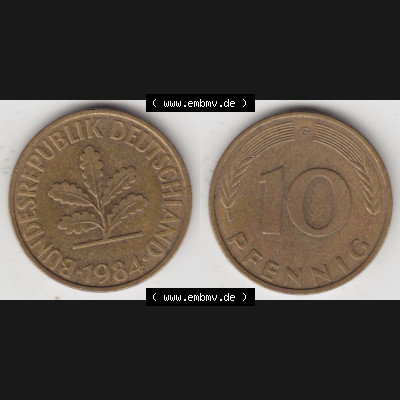 BRD Münze aus Deutschland 1950-2001, 10 Pfennig / 10 Pf. 1984 G - Vollansicht I. als Bildmaterial innerhalb vom online Katalog und online Datenbank für Münzen der... Sammlung