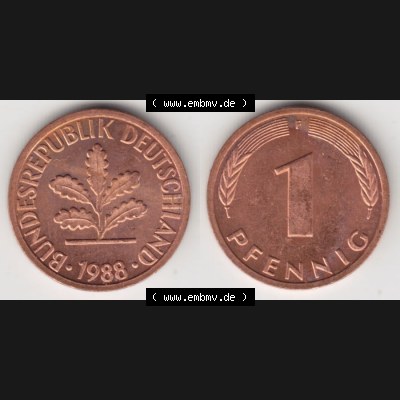 BRD Münze aus Deutschland 1950-2001, 1 Pfennig / 1 Pf. 1988 F - Vollansicht I.. Bild der Vorderseite und Rückseite einer 1 Pfennig Münze der Bundesrepublik... Sammlung