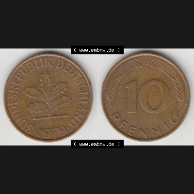 BRD Münze aus Deutschland 1950-2001, 10 Pfennig / 10 Pf. 1979 G - Vollansicht I. als Bildmaterial innerhalb vom online Katalog und online Datenbank für Münzen der... Sammlung