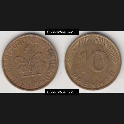 BRD Münze aus Deutschland 1950-2001, 10 Pfennig / 10 Pf. 1989 J - Vollansicht I. als Bildmaterial innerhalb vom online Katalog und online Datenbank für Münzen der... Sammlung