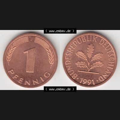 BRD Münze aus Deutschland 1950-2001, 1 Pfennig / 1 Pf. 1991 J - Vollansicht II.. Bild der Vorderseite und Rückseite einer 1 Pfennig Münze der Bundesrepublik... Sammlung