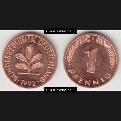BRD Münze aus Deutschland 1950-2001, 1 Pfennig / 1 Pf. 1992 F - Vollansicht I.. Bild der Vorderseite und Rückseite einer 1 Pfennig Münze der Bundesrepublik... Sammlung
