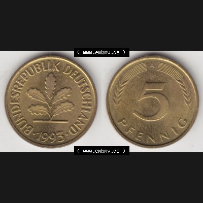 BRD Münze aus Deutschland 1950-2001, 5 Pfennig / 5 Pf. 1993 A - Vollansicht I. als Bildmaterial innerhalb vom online Katalog und online Datenbank für Münzen der BRD... Sammlung