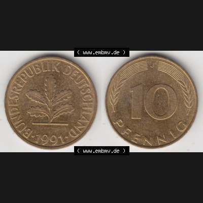 BRD Münze aus Deutschland 1950-2001, 10 Pfennig / 10 Pf. 1991 J - Vollansicht I. als Bildmaterial innerhalb vom online Katalog und online Datenbank für Münzen der... Sammlung