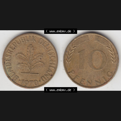 BRD Münze aus Deutschland 1950-2001, 10 Pfennig / 10 Pf. 1970 D - Vollansicht I. als Bildmaterial innerhalb vom online Katalog und online Datenbank für Münzen der... Sammlung