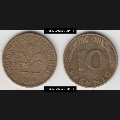 BRD Münze aus Deutschland 1950-2001, 10 Pfennig / 10 Pf. 1986 D - Vollansicht I. als Bildmaterial innerhalb vom online Katalog und online Datenbank für Münzen der... Sammlung