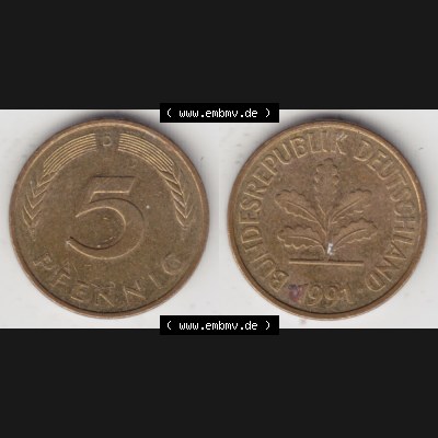 BRD Münze aus Deutschland 1950-2001, 5 Pfennig / 5 Pf. 1991 D - Vollansicht IV. als Bildmaterial innerhalb vom online Katalog und online Datenbank für Münzen der... Sammlung