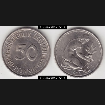 BRD Münze aus Deutschland 1950-2001, 50 Pfennig / 50 Pf. 1981 J - Vollansicht I. als Bildmaterial innerhalb vom online Katalog und online Datenbank für Münzen der... Sammlung