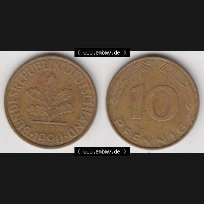 BRD Münze aus Deutschland 1950-2001, 10 Pfennig / 10 Pf. 1990 J - Vollansicht I. als Bildmaterial innerhalb vom online Katalog und online Datenbank für Münzen der... Sammlung