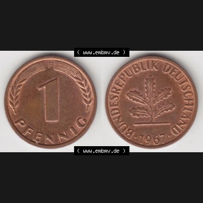 BRD Münze aus Deutschland 1950-2001, 1 Pfennig / 1 Pf. 1967 F - Vollansicht II.. Bild der Vorderseite und Rückseite einer 1 Pfennig Münze der Bundesrepublik... Sammlung