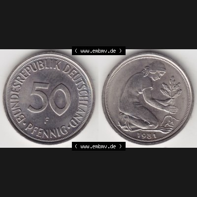BRD Münze aus Deutschland 1950-2001, 50 Pfennig / 50 Pf. 1981 F - Vollansicht I. als Bildmaterial innerhalb vom online Katalog und online Datenbank für Münzen der... Sammlung