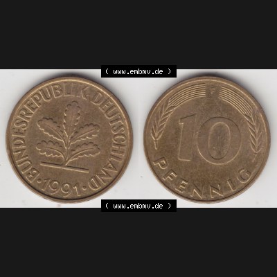 BRD Münze aus Deutschland 1950-2001, 10 Pfennig / 10 Pf. 1991 F - Vollansicht I. als Bildmaterial innerhalb vom online Katalog und online Datenbank für Münzen der... Sammlung